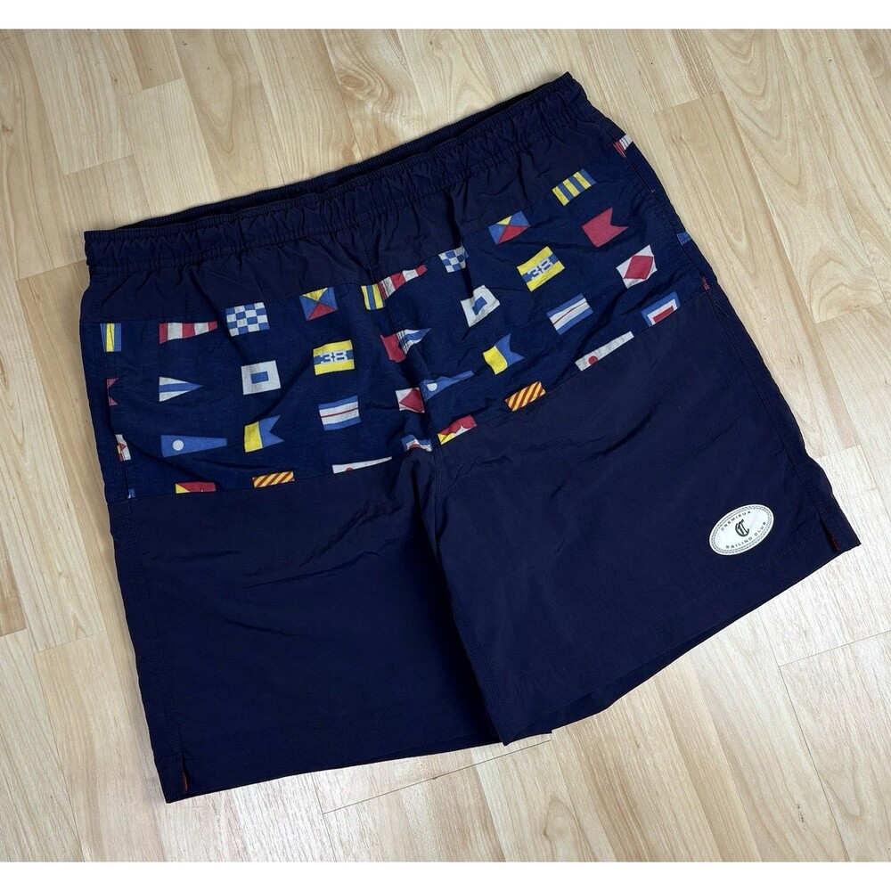 Vintage 90s Flags Graphic Swim Trunks / Shorts / Navy / Size Medium